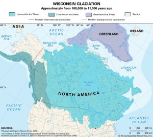 Map showing the maximum extent of the Laurentide, Cordilleran, and Greenland Ice Sheets during the Wisconsin Glaciation across North America